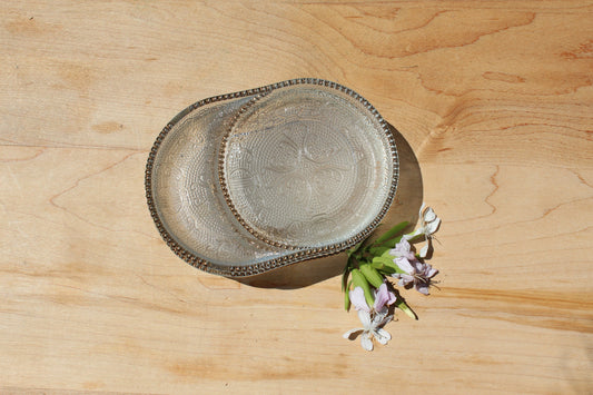 Three Vintage Antique Butler Pressed Glass Dishes / Gold Trim / Floral Harp Design