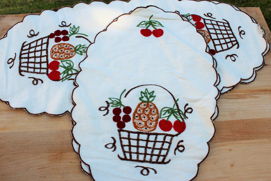 Vintage Set of 4 Embroidered Vintage Table Linens / Fruit Basket Matching Dresser Scarves / Fall Table Linen / Made in Portugal