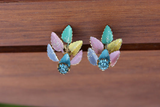 Colorful Vintage Screw-on Earrings, Leaf Pattern, Rainbow