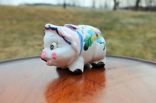 Vintage 1940s Small Ceramic Pig Piggy Bank, Pottery Collectible Rare, Vintage Nursery Decor, Smiling Pig Gift for Her