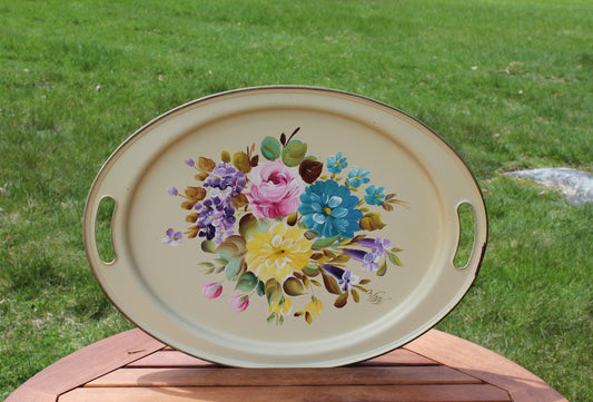 Large Beige Metal Tole Painted Tray Hand Painted Signed,  Vintage Toleware, Floral Design
