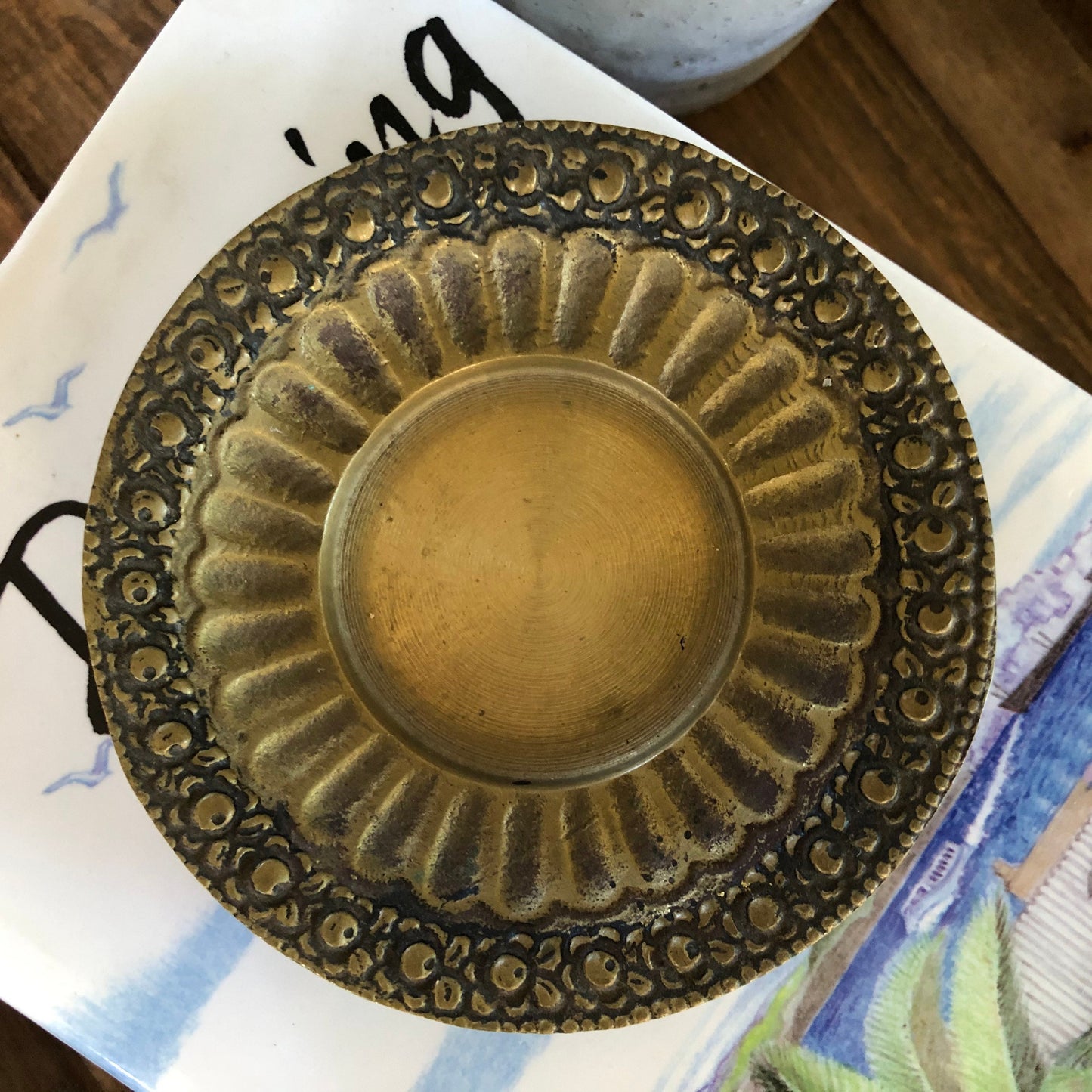 Vintage Brass Flower Trinket Dish - Brass Ring Dish - Gold Change Dish