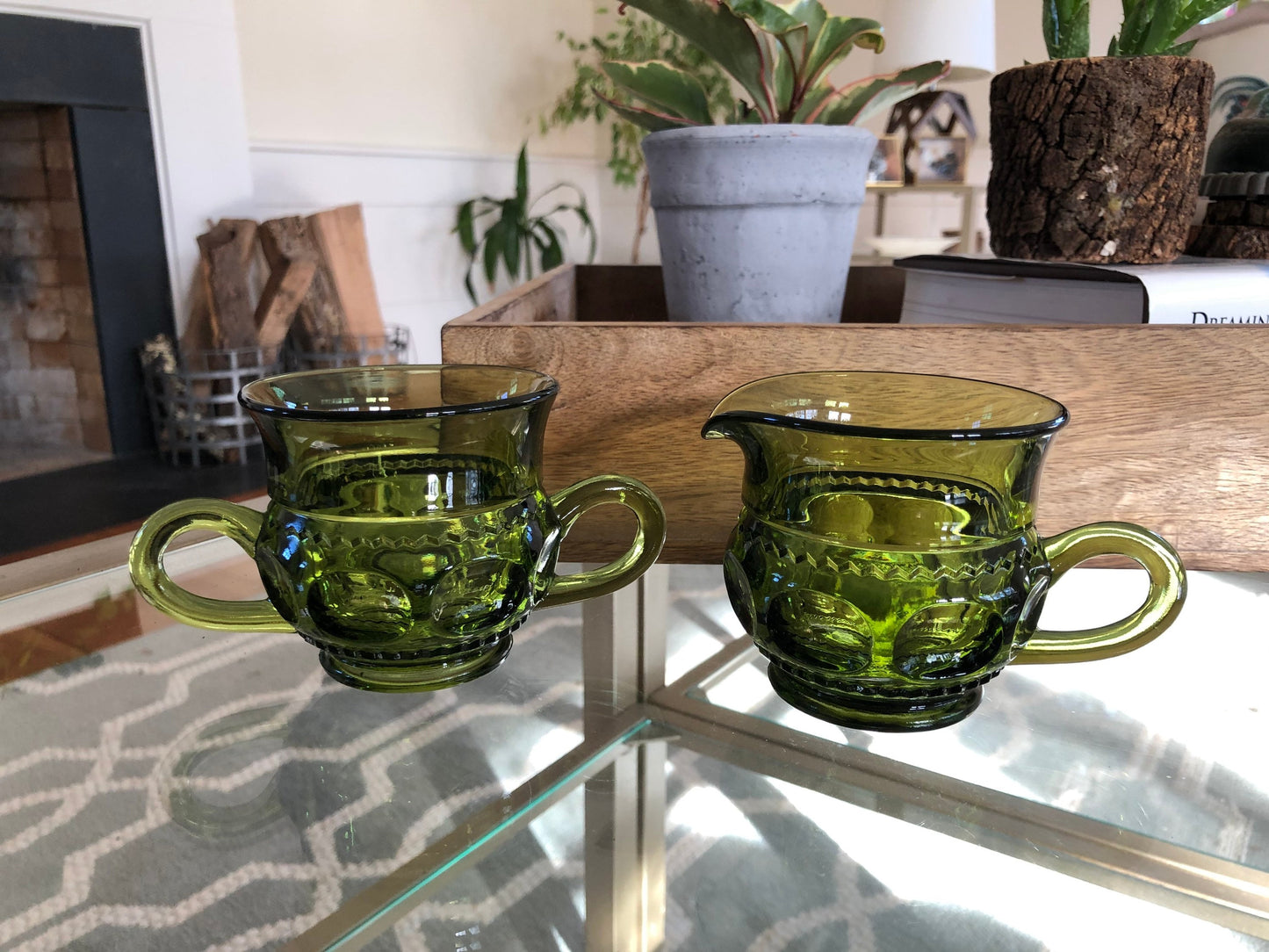 Indiana Glass King's Crown Avocado Green Glass Cream & Sugar Set, Thumbprint Pattern, Mid Century