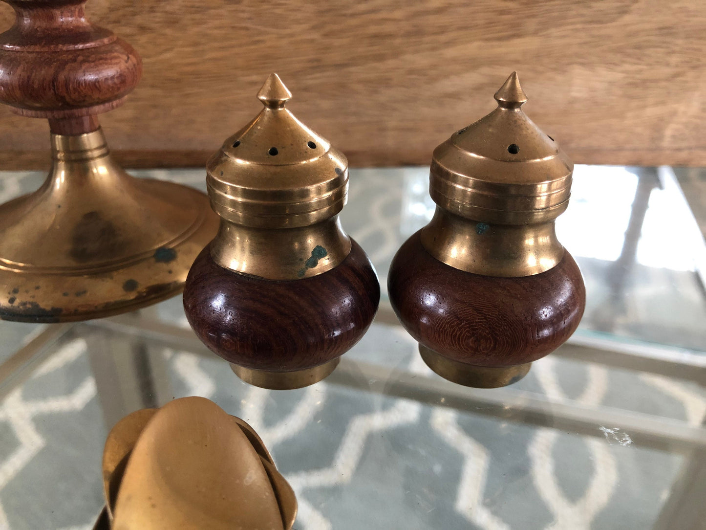 Vintage Brass & Rosewood Table Setting Pieces; Dessert, Soup, Espresso Spoon Set, Salt Pepper Shakers, Candle Sticks, Classic Flatware