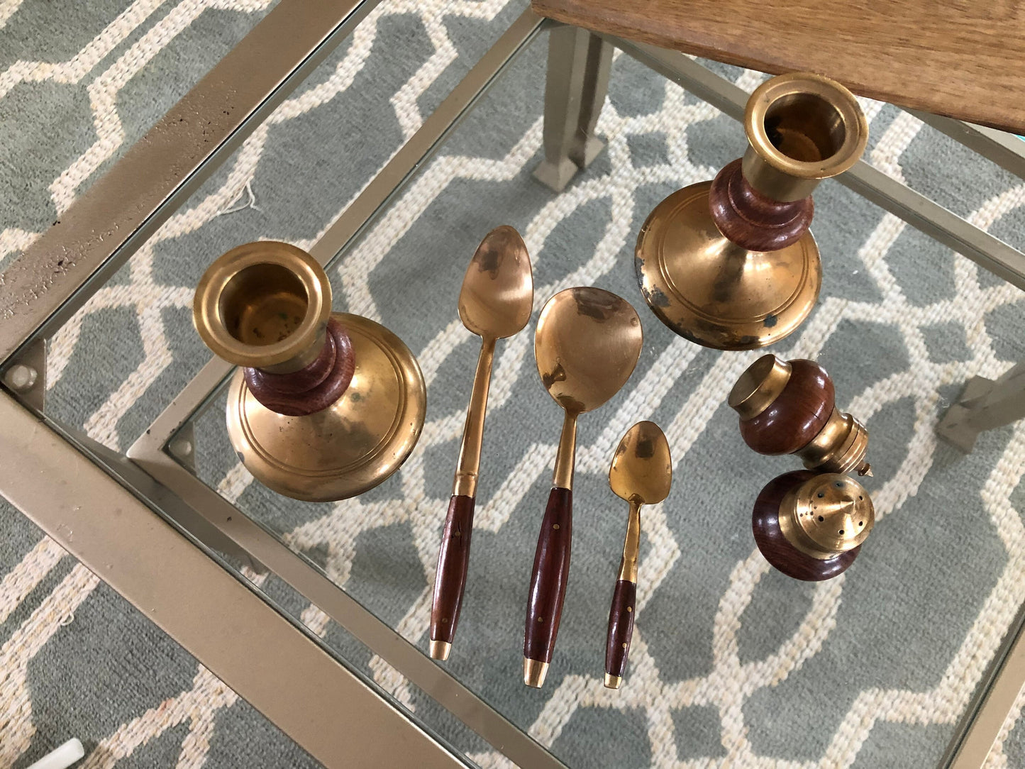 Vintage Brass & Rosewood Table Setting Pieces; Dessert, Soup, Espresso Spoon Set, Salt Pepper Shakers, Candle Sticks, Classic Flatware