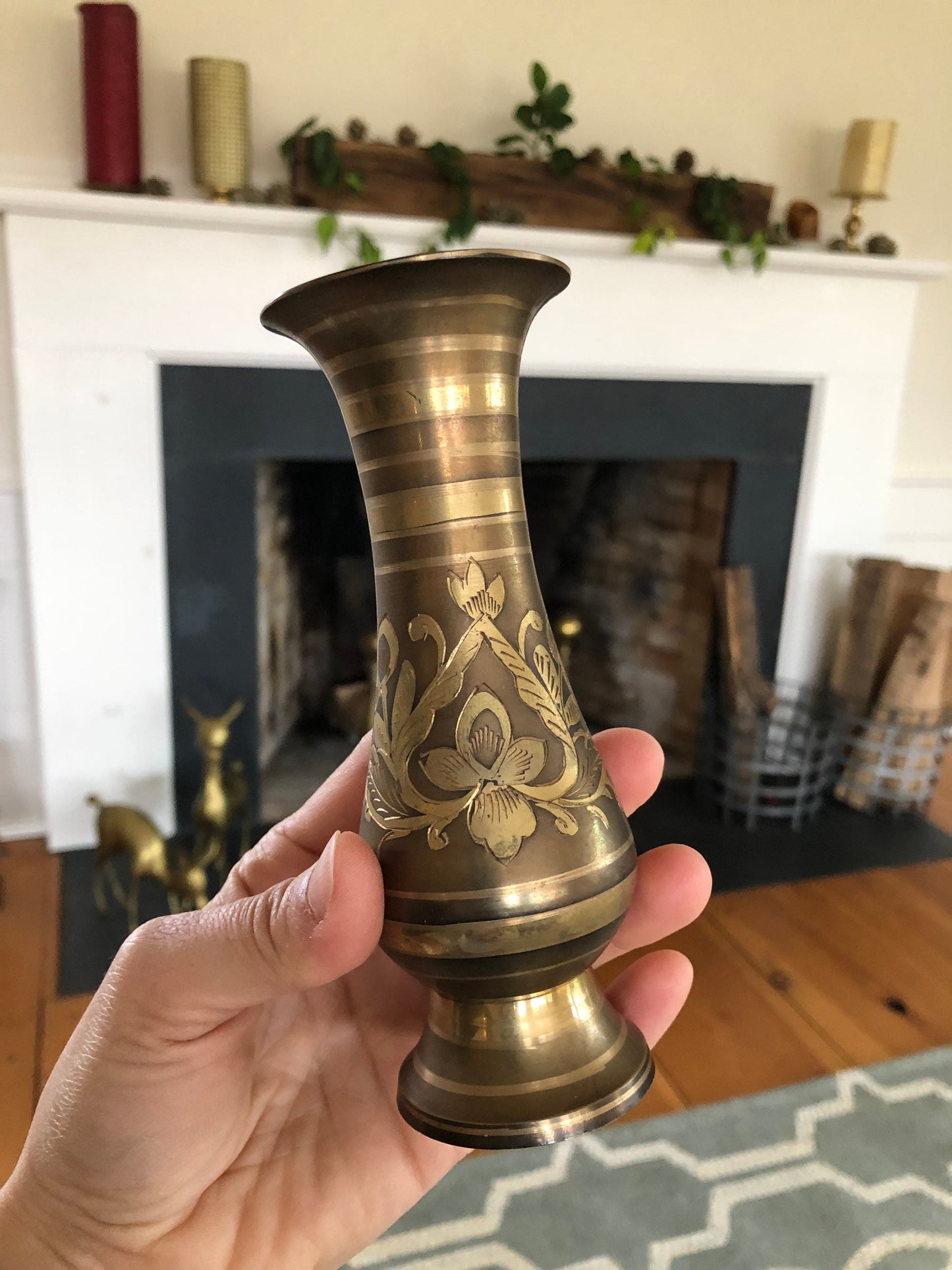 Vintage Designer Etched Brass Vase, Floral Brass Vase, Art