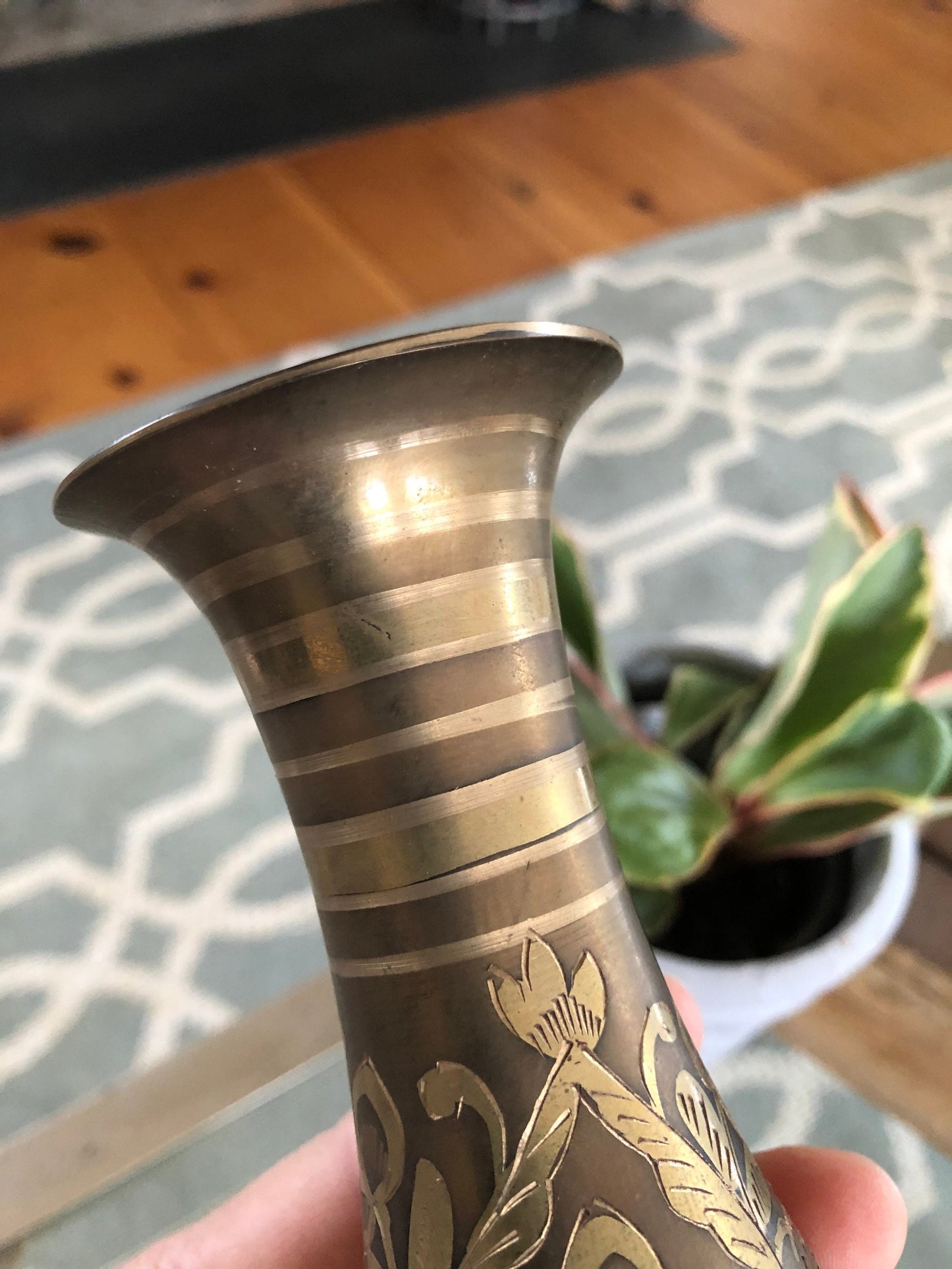 Vintage Designer Etched Brass Vase, Floral Brass Vase, Art