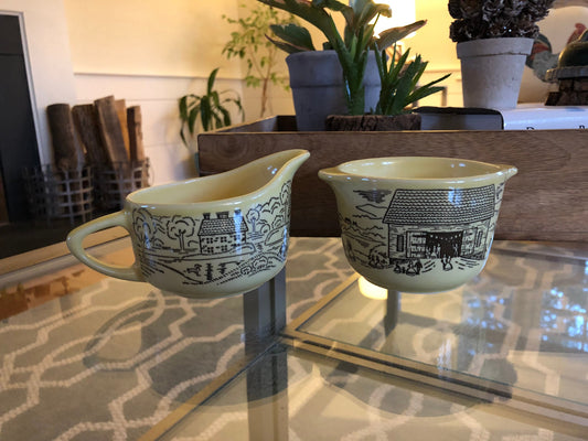 Pennsylvania Dutch Yellow Harvest Sugar and Creamer Set, Creamer Pitcher and Sugar Bowls
