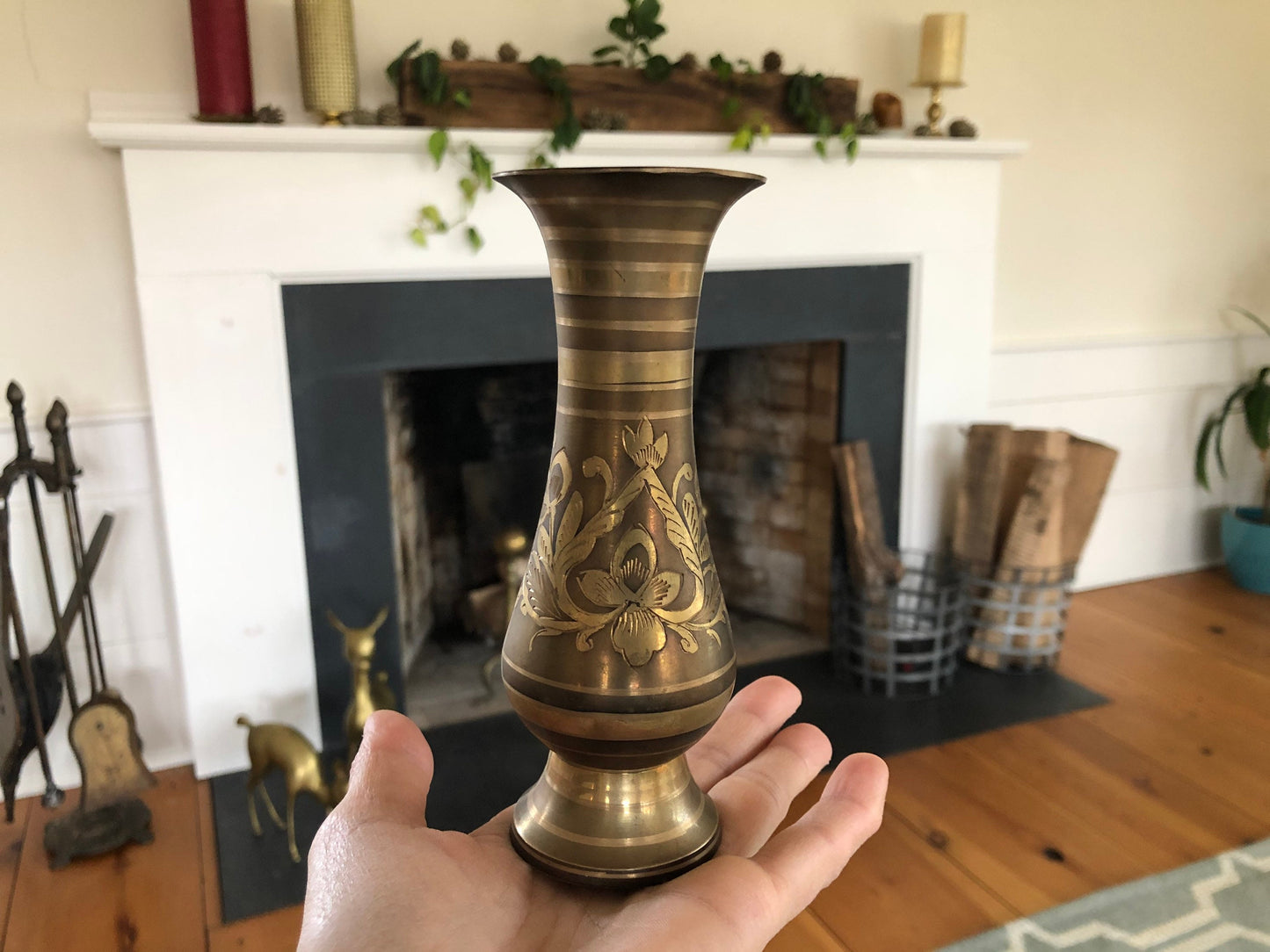 Vintage Designer Etched Brass Vase, Floral Brass Vase, Art