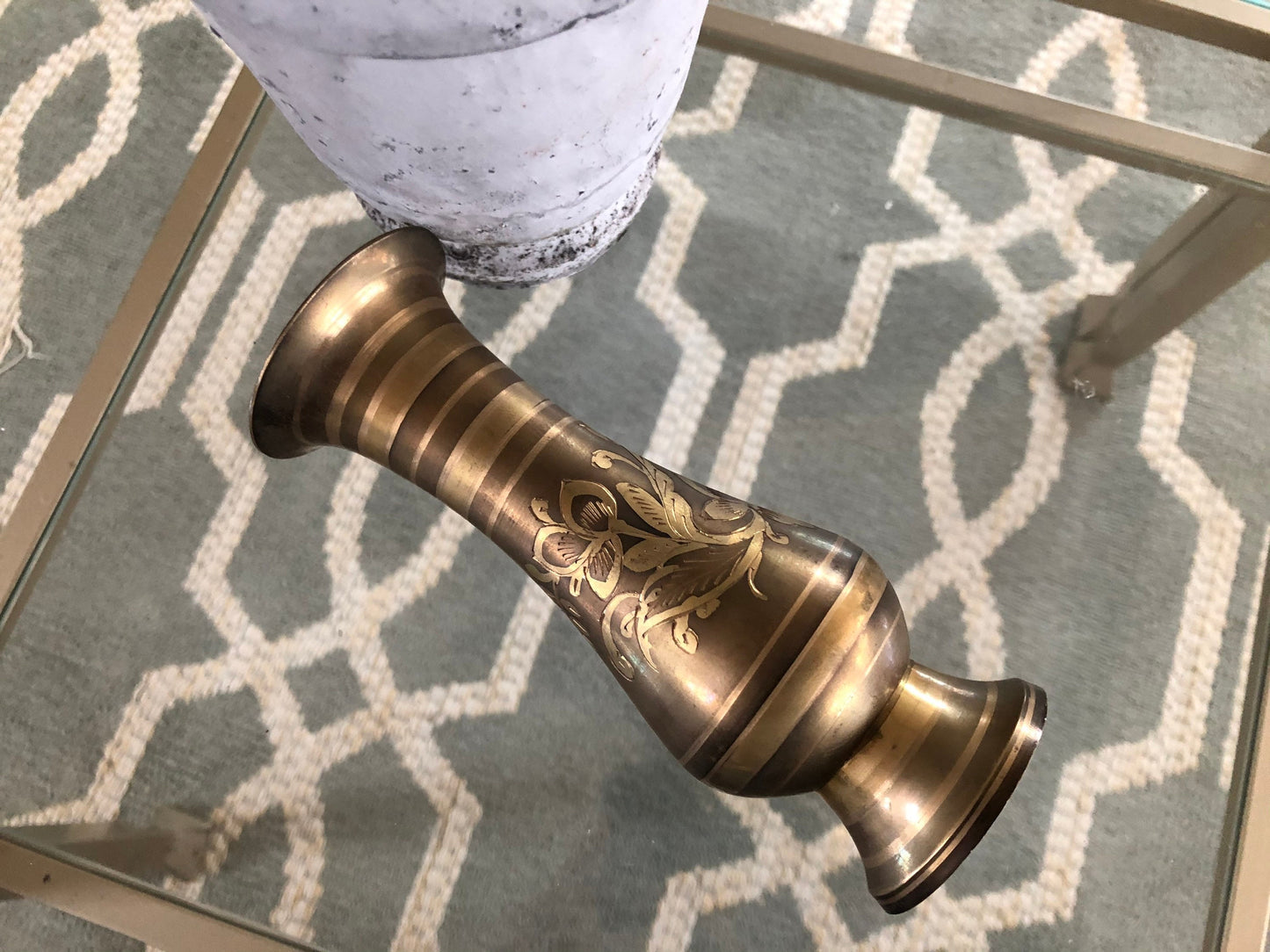 Vintage Designer Etched Brass Vase, Floral Brass Vase, Art