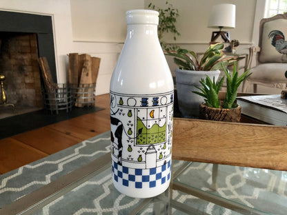 Back of the milk glass bottle showing a shelf of blue teacups and a window with green hills and a crescent moon