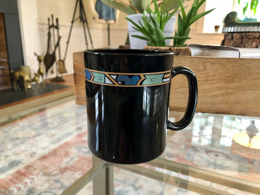 France Arcoroc Coffee Mug, Black Abstract Print Art Tea Cup, Vintage Black French Mug