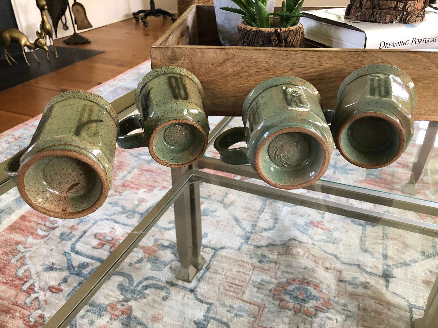 Studio Pottery Mugs, Set of 4 — Mint Green with Brown Speckle, Signed, c. Mid-20th Century – photo 7 of 8
