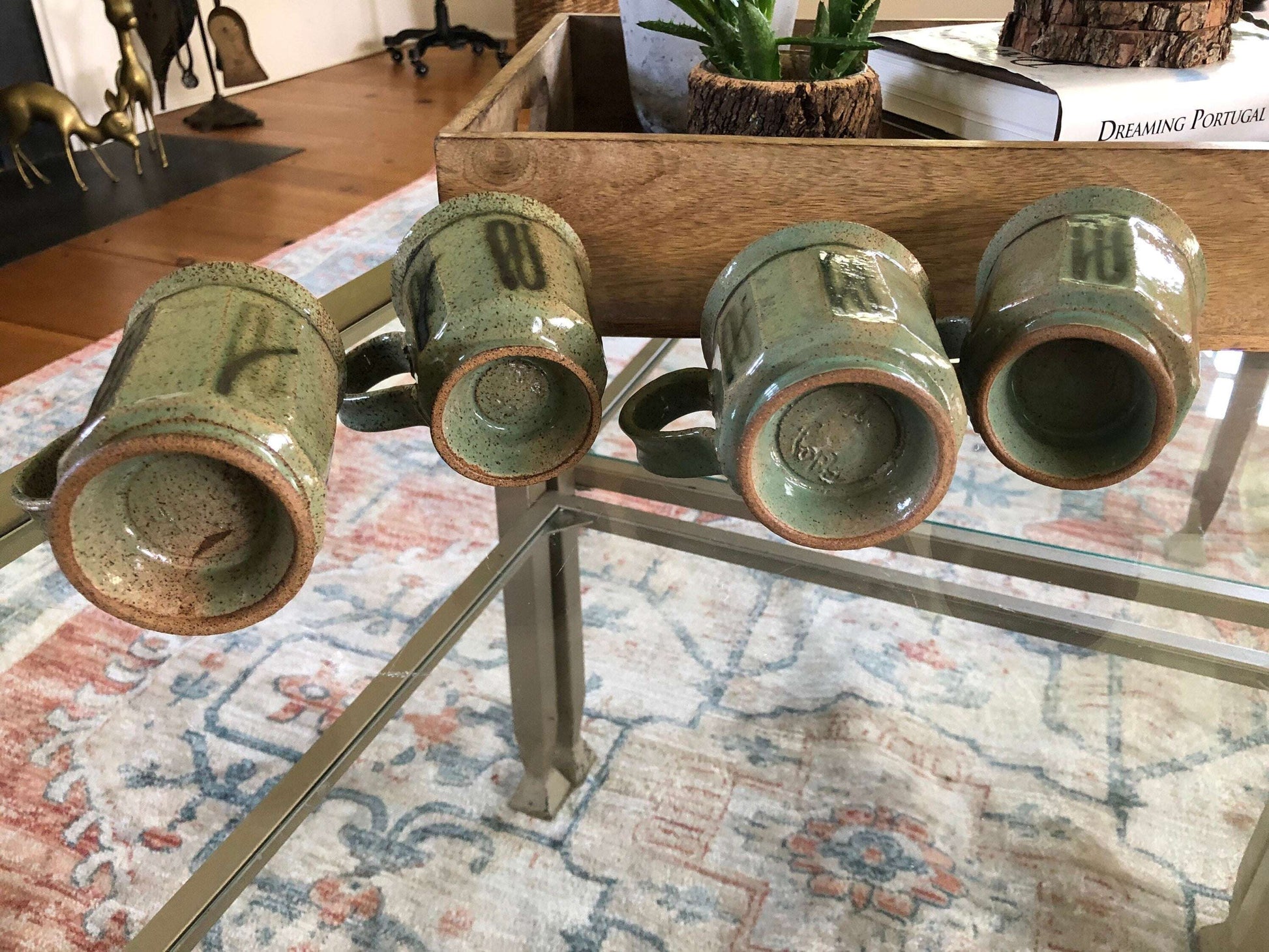 Studio Pottery Mugs, Set of 4 — Mint Green with Brown Speckle, Signed, c. Mid-20th Century – photo 7 of 8