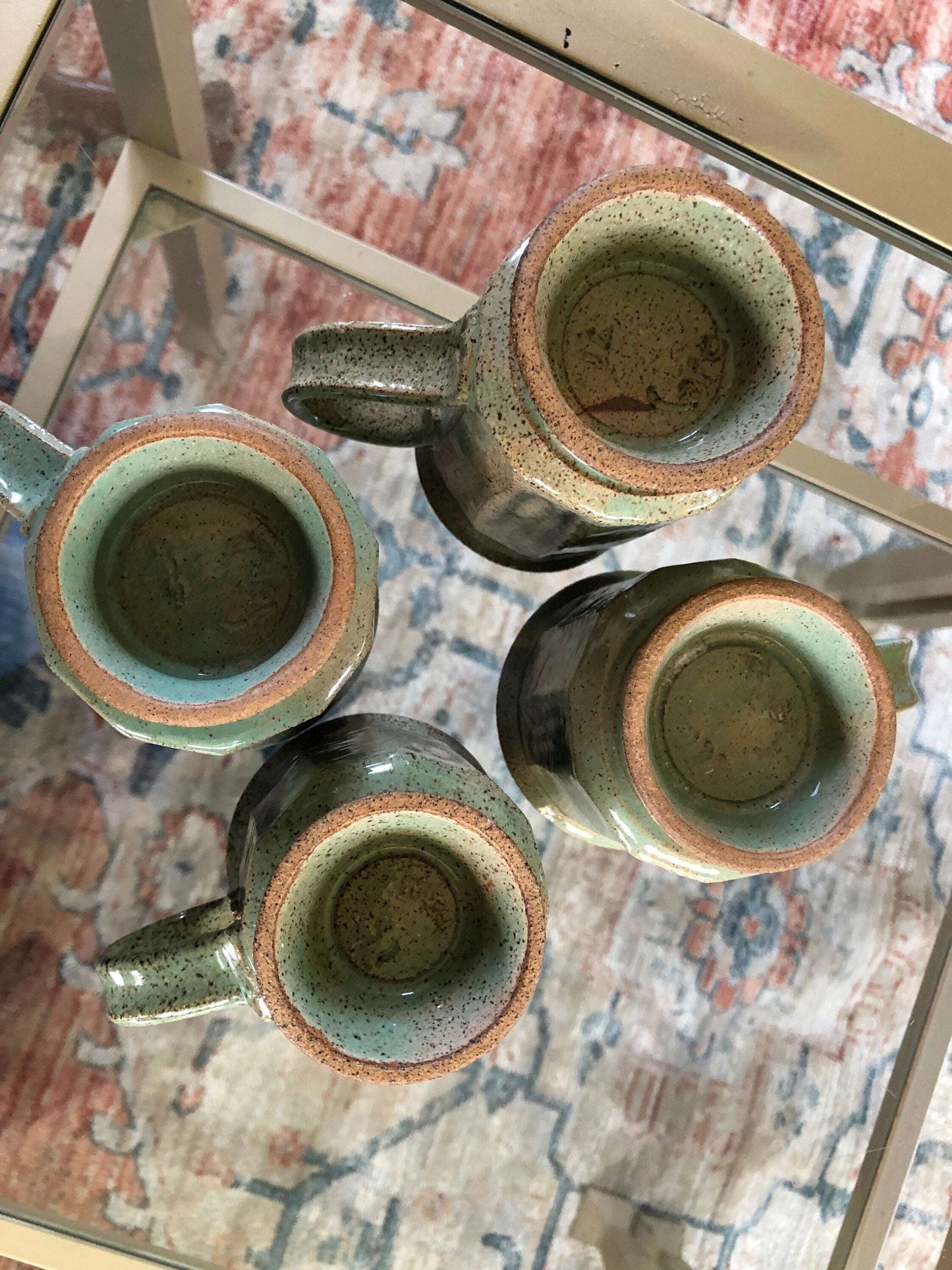Studio Pottery Mugs, Set of 4 — Mint Green with Brown Speckle, Signed, c. Mid-20th Century – photo 8 of 8