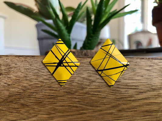 Vintage Bright Yellow with Black Detail Metal Post Earrings,  80s, 90s