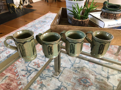 Studio Pottery Mugs, Set of 4 — Mint Green with Brown Speckle, Signed, c. Mid-20th Century
