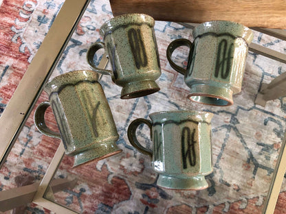 Studio Pottery Mugs, Set of 4 — Mint Green with Brown Speckle, Signed, c. Mid-20th Century – photo 3 of 8
