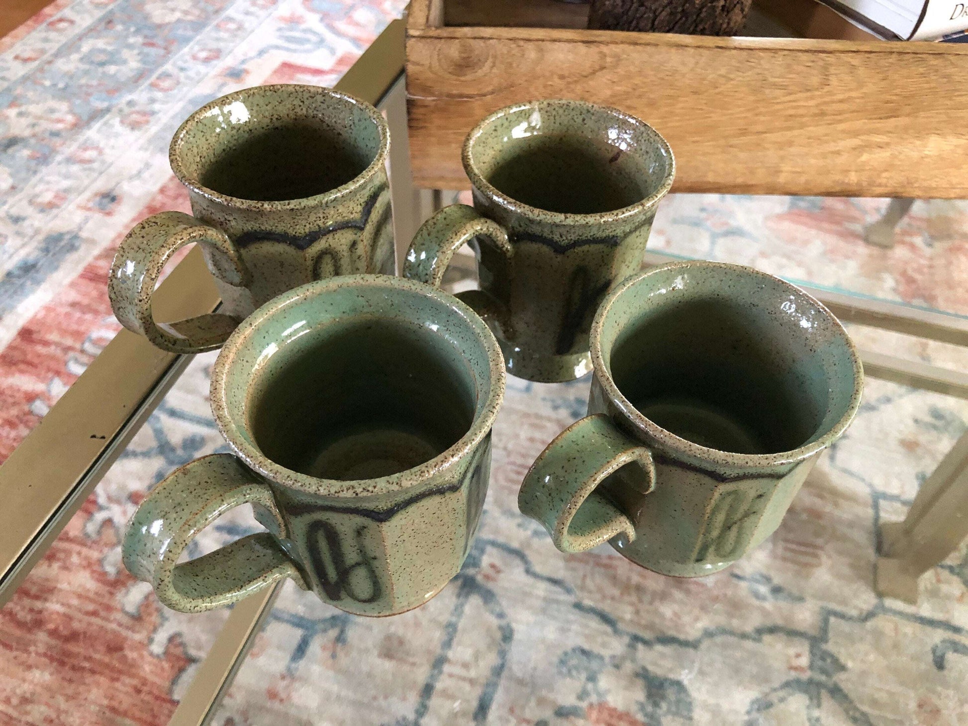 Studio Pottery Mugs, Set of 4 — Mint Green with Brown Speckle, Signed, c. Mid-20th Century – photo 4 of 8