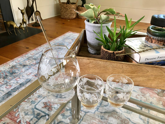 Vintage Brandy Decanter Pitcher Set with 2 Matching Tumbler Glasses & Glass Swizzel Stick, Home Bar Set, Grape Vine Design, Gift for Him