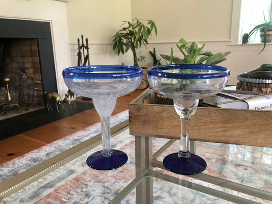 Vintage Pair of Signed E. Cointreau Mexican Hand Blown Cobalt Blue-Rimmed Margarita Glasses