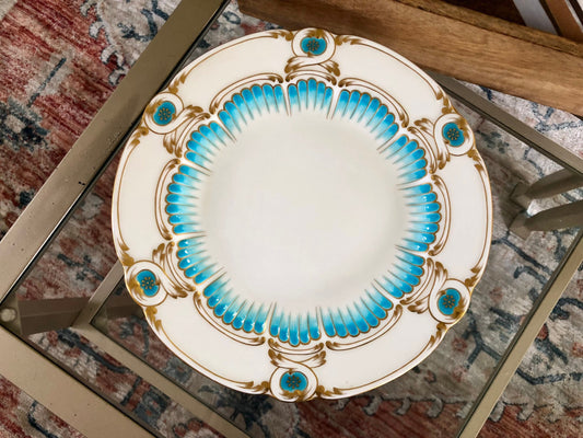 Vintage Set of 10” Tiffany & Co Floral Scalloped Plates, Set Of 6, Hand Painted Turquoise, Mintons Made in England