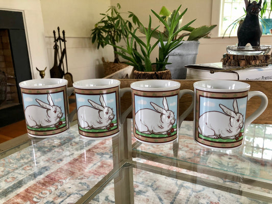 Vintage Stoneware Bunny  & Farmhouse Coffee/Tea Mugs- Set of 4, White Rabbit, Easter, Spring, Made in Japan
