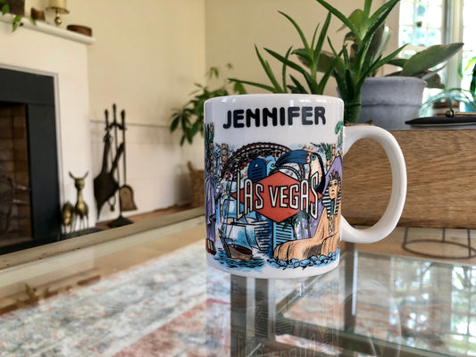 Vintage LAS VEGAS Mug Coffee/Tea Mug Casino Print, Vegas Monuments, Jennifer