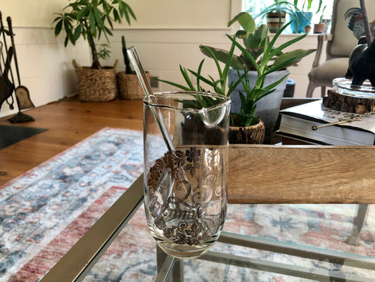 Vintage 25th Anniversary Pitcher with Silver Flower Applique, Swizzle Stick, Silver Rimmed Pitcher, Drinkware, Barware