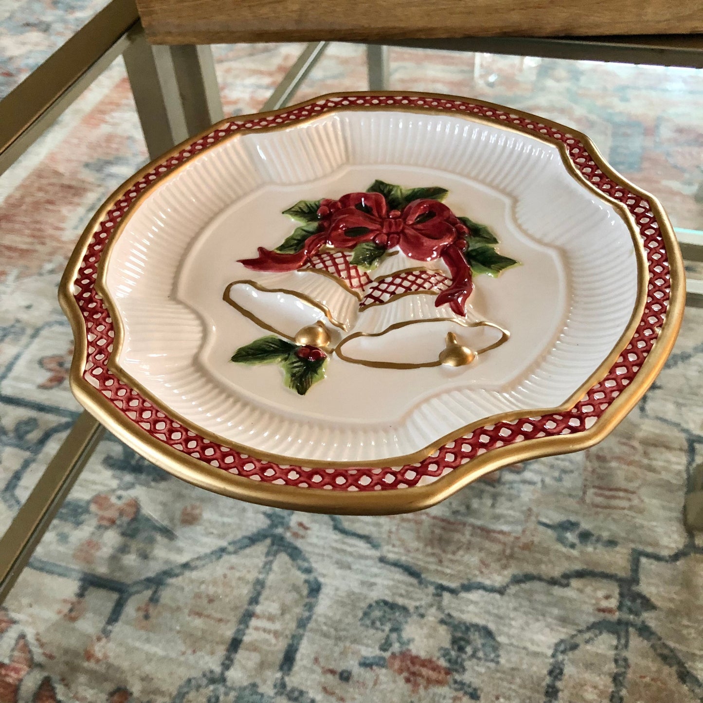 Fitz and Floyd Christmas Bells & Bow Plate – Embossed Serving Dish