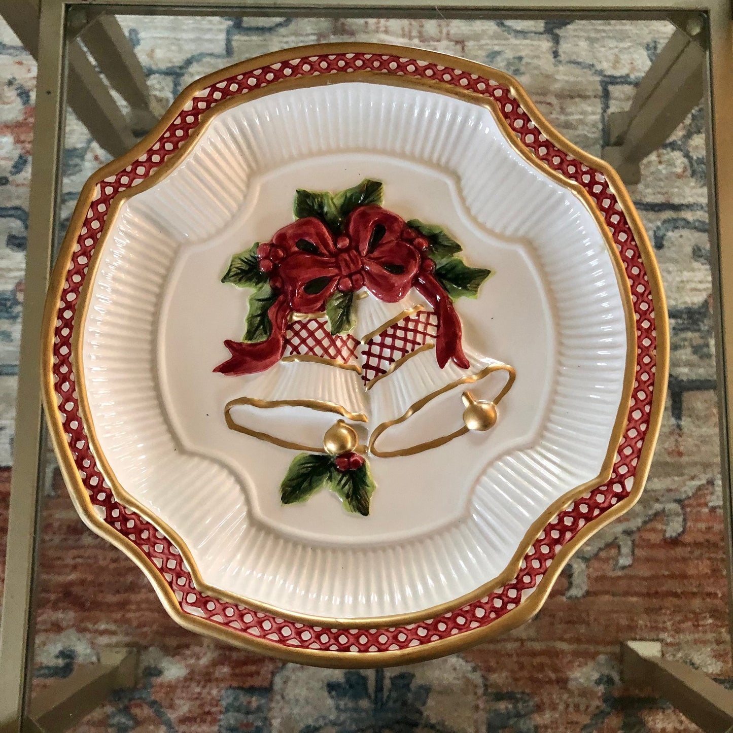Fitz and Floyd Christmas Bells & Bow Plate – Embossed Serving Dish