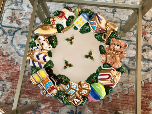 Christmas Fitz and Floyd Toyland Canapé Plate with Embossed Toy and Holly Border, Serving Dish Plate