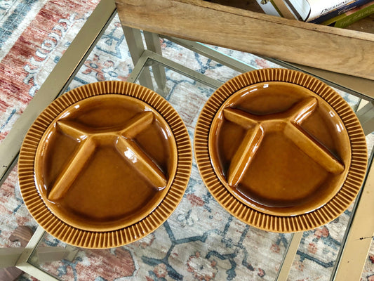 Pair of  Ochre Yellow Fondue Plates, Two Ceramic Divided Plates, Retro 70's Dinnerware, Mid Century Dinner Party, Sushi BBQ