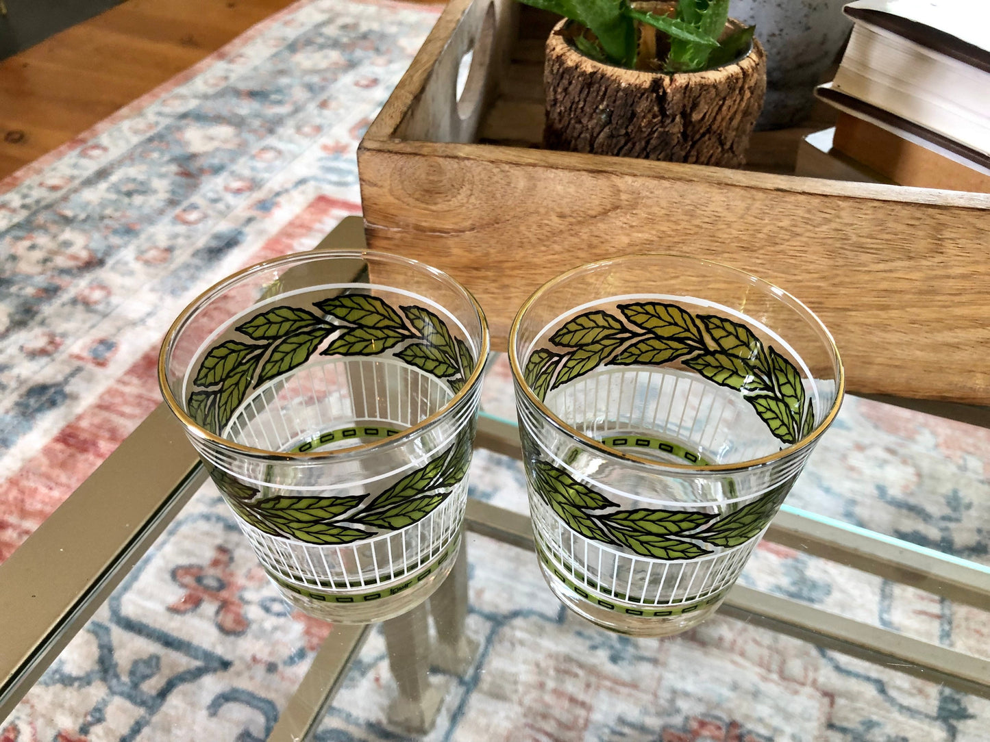 Vtg Pair of Green Leaf, White and Black Detailing Cocktail Glasses, Juice Glasses, Mid Century Barware
