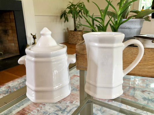Pfaltzgraff  Heritage White Sugar and Creamer Set, Old Castle Mark Octagon Pottery, Made in USA,  Creamer Pitcher and Sugar Bowls