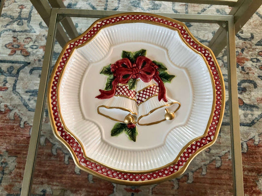 Fitz and Floyd Christmas Bells & Bow Plate – Embossed Serving Dish
