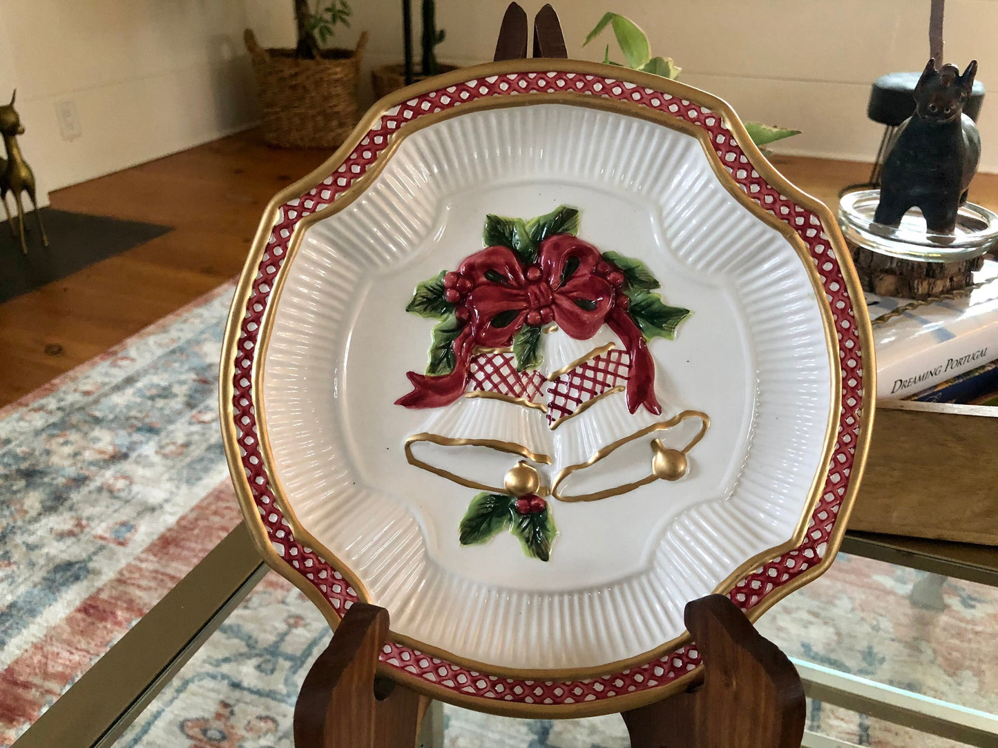 Fitz and Floyd Christmas Bells & Bow Plate – Embossed Serving Dish