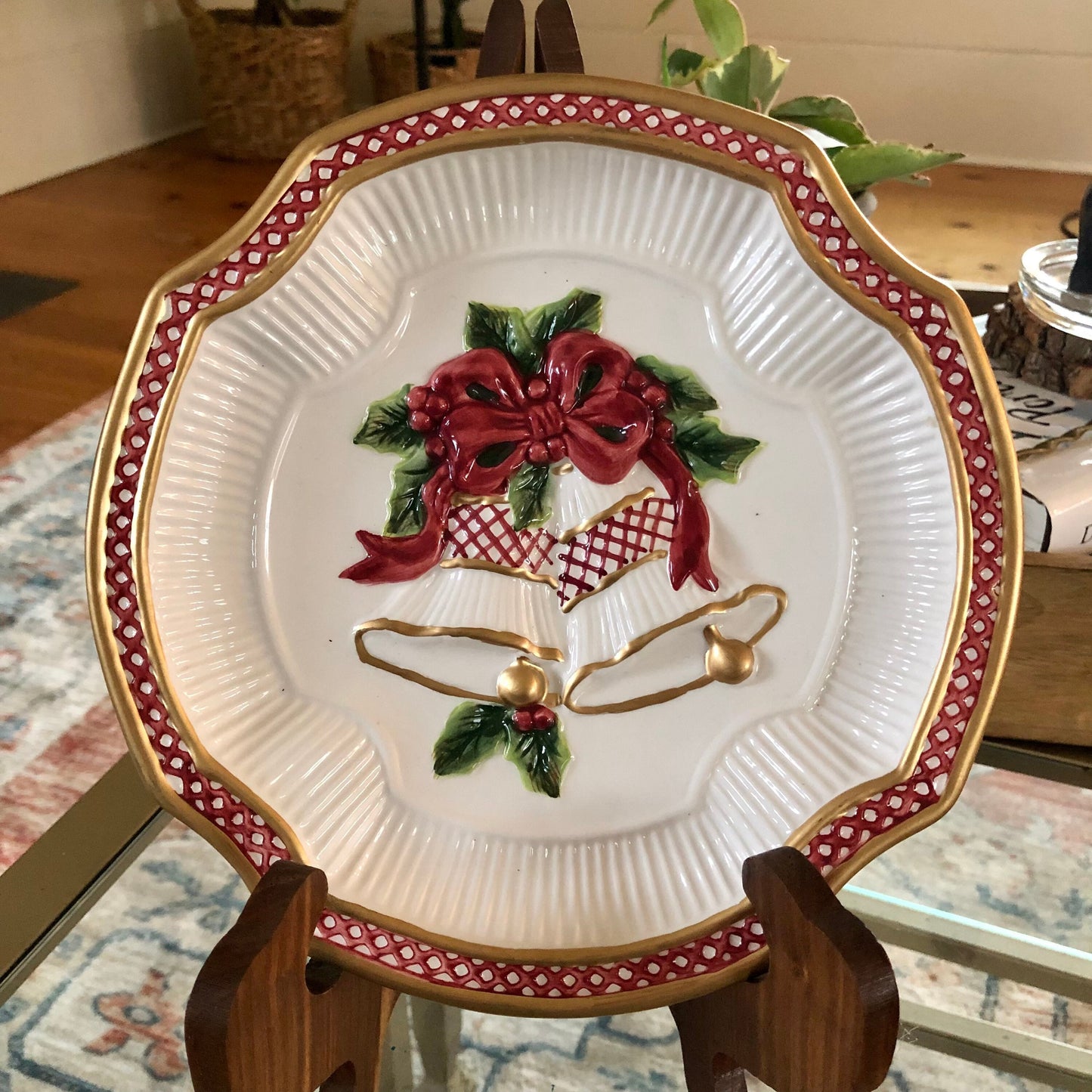 Fitz and Floyd Christmas Bells & Bow Plate – Embossed Serving Dish