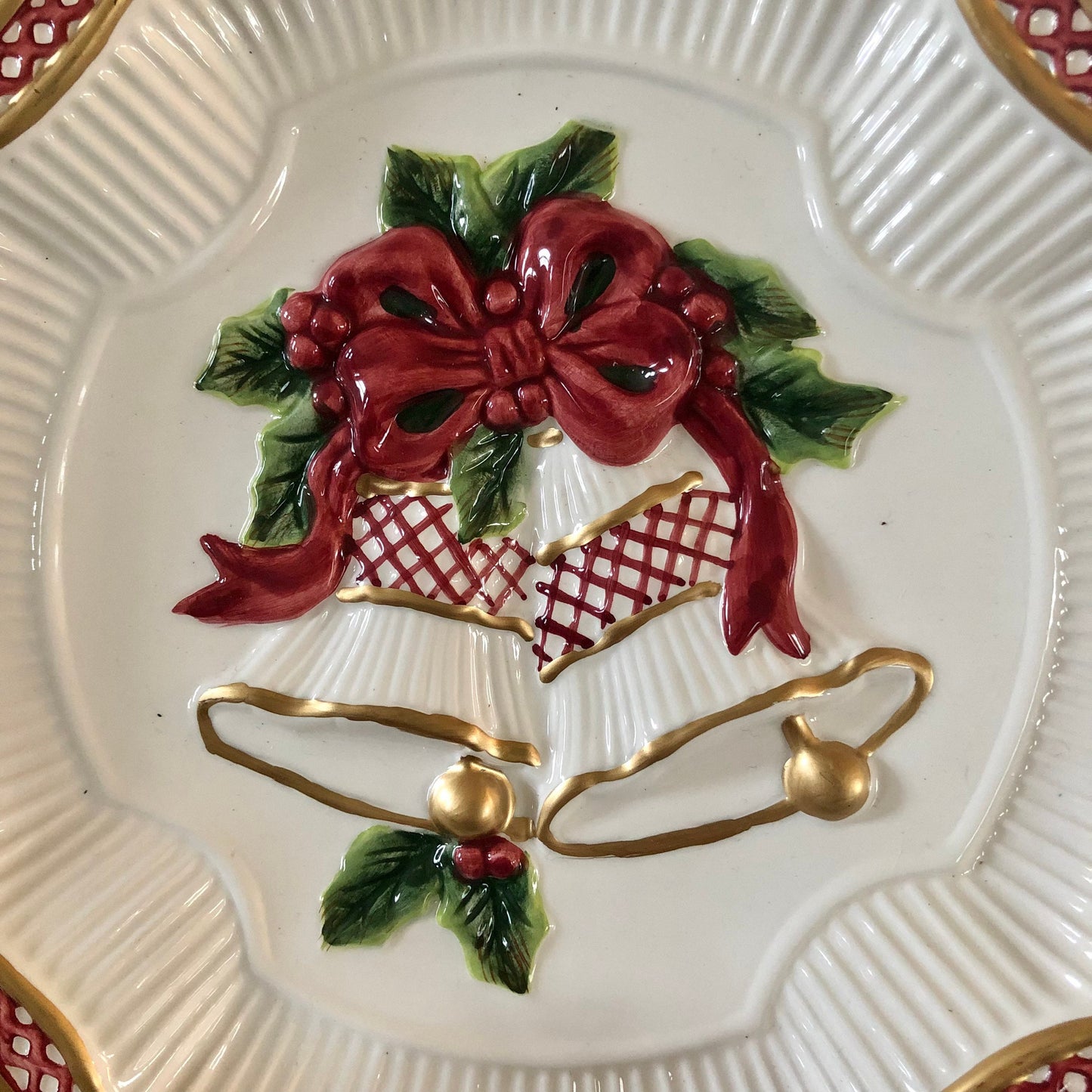 Fitz and Floyd Christmas Bells & Bow Plate – Embossed Serving Dish