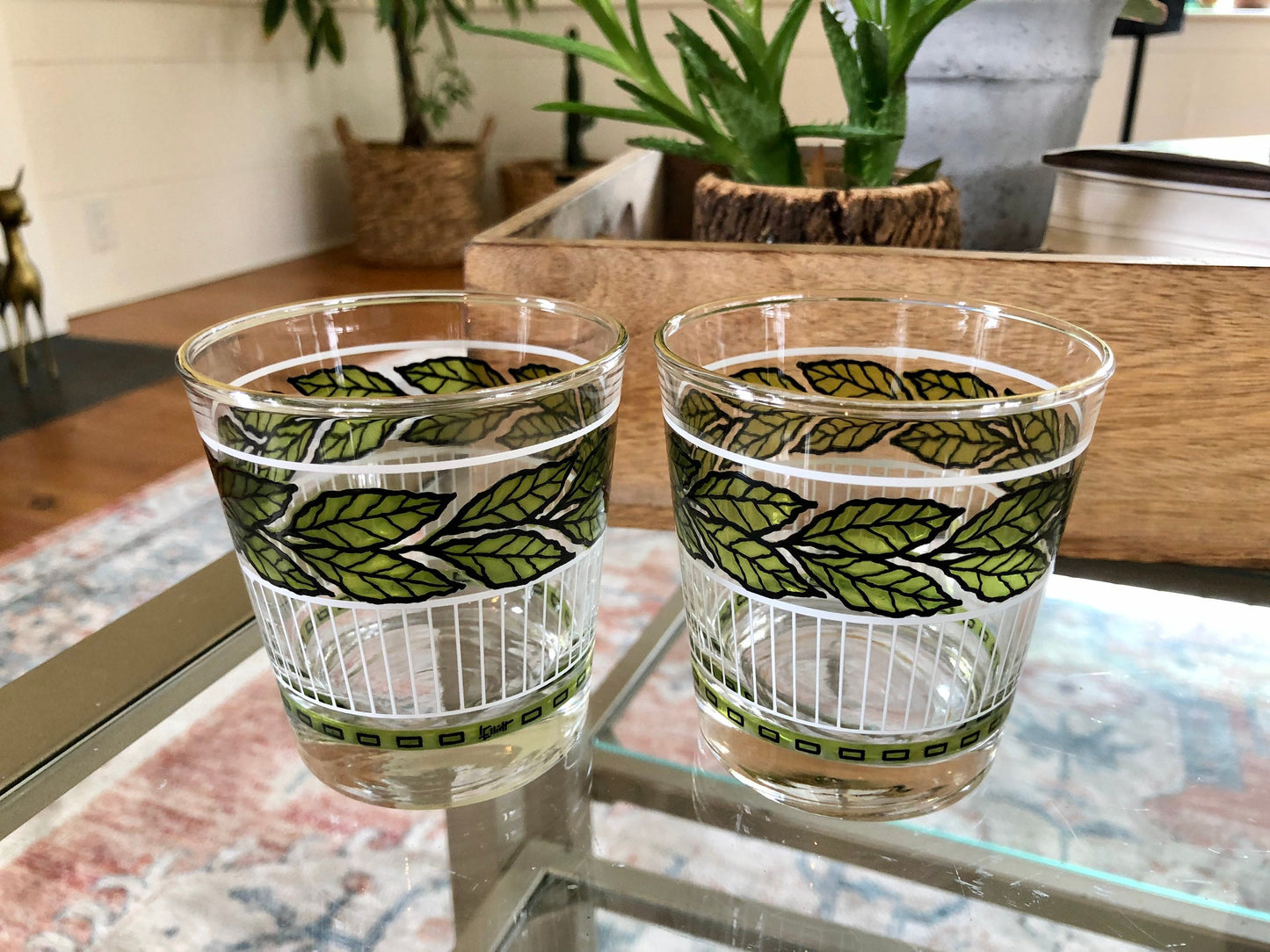 Vtg Pair of Green Leaf, White and Black Detailing Cocktail Glasses, Juice Glasses, Mid Century Barware