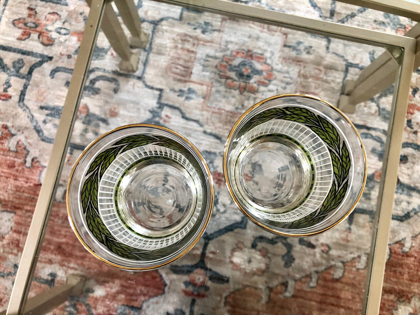 Vtg Pair of Green Leaf, White and Black Detailing Cocktail Glasses, Juice Glasses, Mid Century Barware