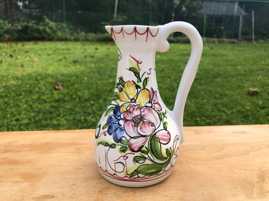Hand Painted Ceramic Floral Design Pitcher, Floral Arrangement, Portugal Pottery, Olive Oil Bottle