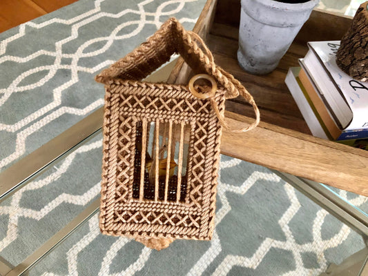 Vintage Plastic Canvas Birdcage with Bird, Handmade Beige Yarn Bird Cage