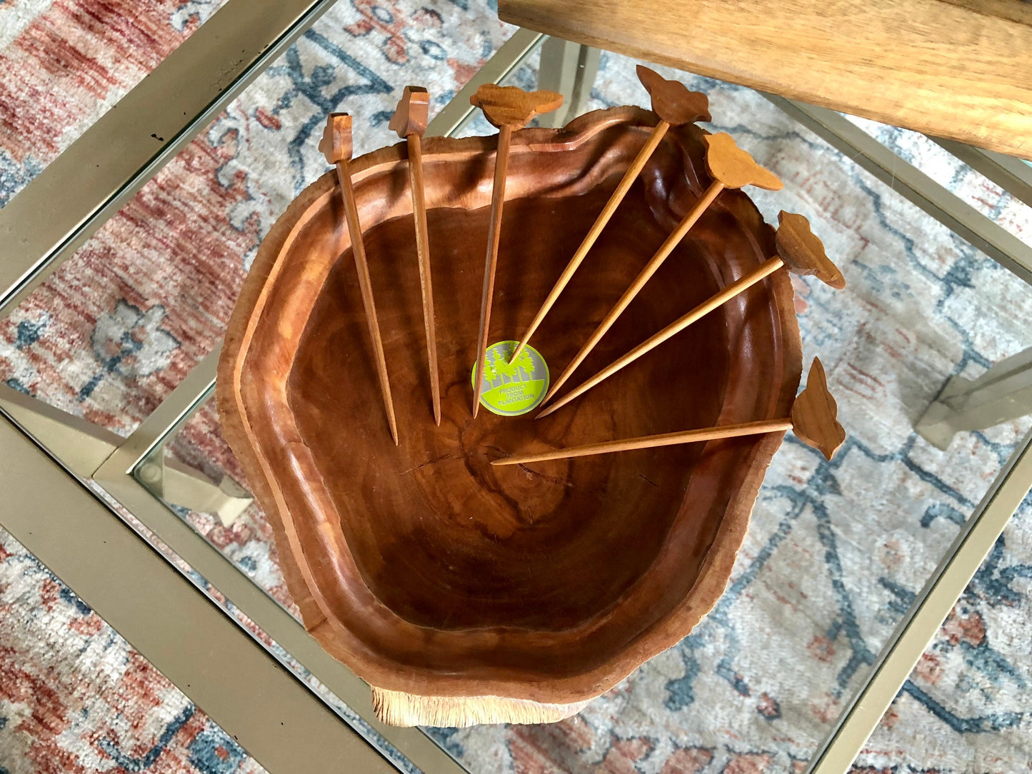 Vtg Planation Wood Serving Dish with Matching Bird Appetizer Skewers, Servingware, Serving Tray