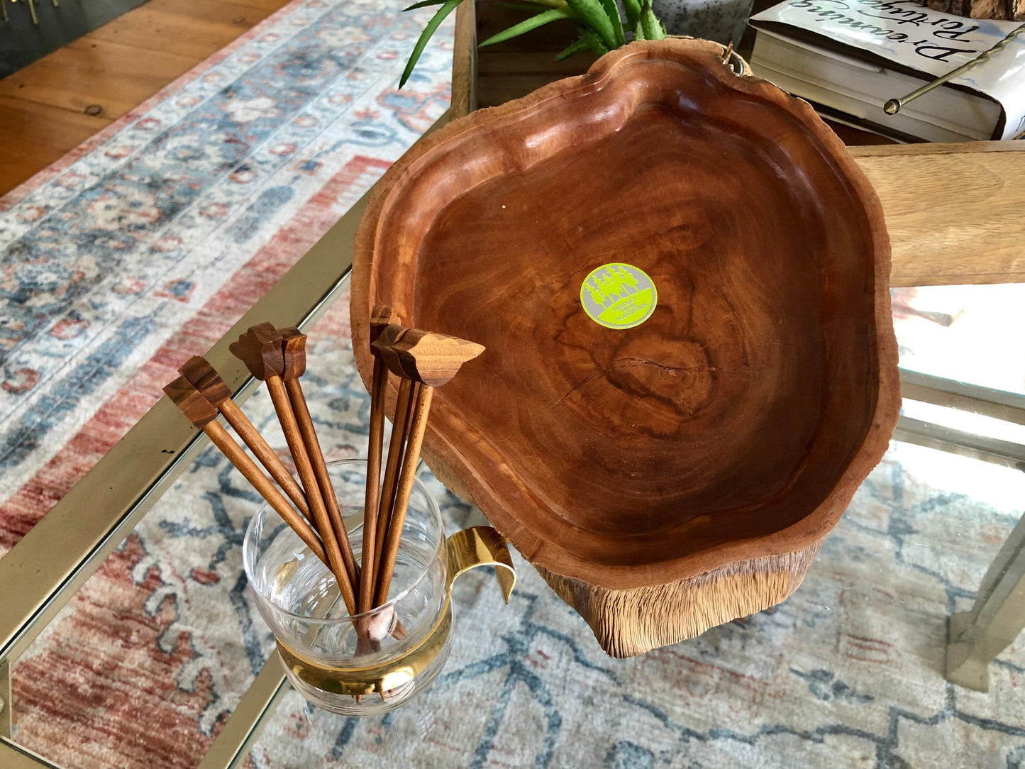 Vtg Planation Wood Serving Dish with Matching Bird Appetizer Skewers, Servingware, Serving Tray