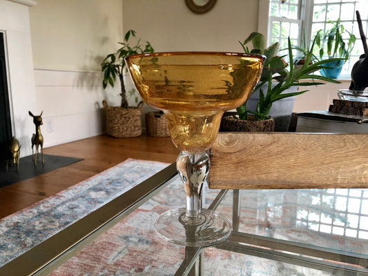 Vintage Mexican Hand Blown Yellow Margarita Glass, Hand Crafted Glass, Drink, Barware, Bubble Glass
