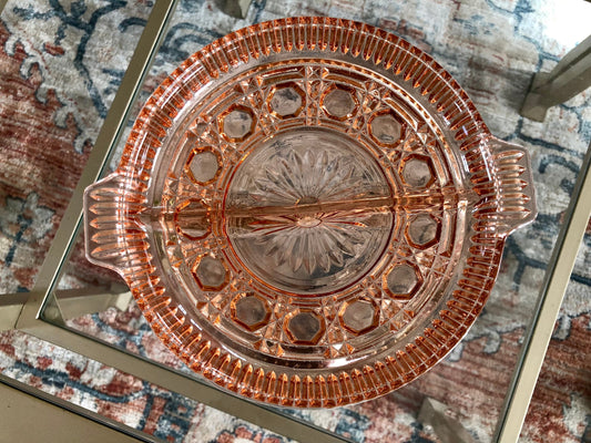 Vintage Pressed Glass Divided Serving Platter, Pink Candy Dish, Divided Plate with Handles, Pink Serving Dish, Tidbit Tray, Serving Plate