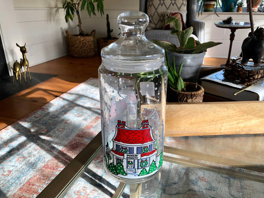 Vintage Large Dunkin' Donuts Glass Canister with Lid, Christmas Snow Village, Advertisement Glass Jar, Storage Jar Container