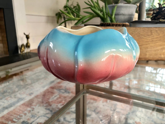 Vintage 1970s Ceramic Pansy Short Stem Bud Vase, Round Pink and Blue Floral Shaped Planter, Mid Century Modern Succulent Planter
