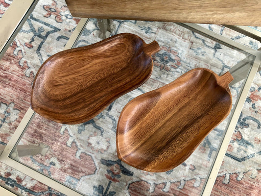 Vintage Pair of Pear Shape Monkey Pods, Wood Trays, small wooden pear shape trays, small wood trays, fruit shape monkey pods
